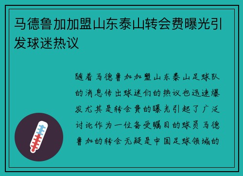 马德鲁加加盟山东泰山转会费曝光引发球迷热议